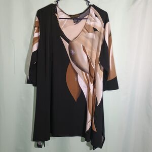 lack & Beige Abstract Print Tunic Top – V-Neck 3/4 Sleeve Blouse